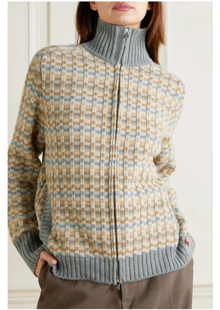 

Cashmere Cardigan Women's Casual Three-Dimensional Stripe Yarn Dyed Zipper Sweater Jacket 2022 Autumn Winter