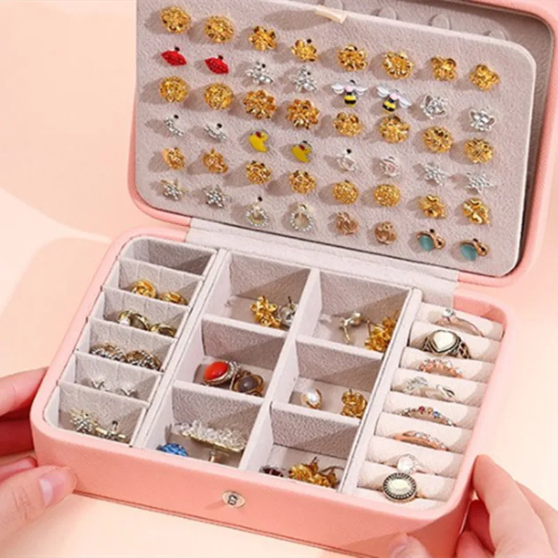 Fine Durable Portable Ear Studs Ring Necklace Travel Earring Detachable PU Leather Double Layer Partition Design Jewelry Box