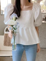 korean fashion shirt top womens chic square neck puff sleeve solid white doll summer niche pleated texture blouse 2022 blusas