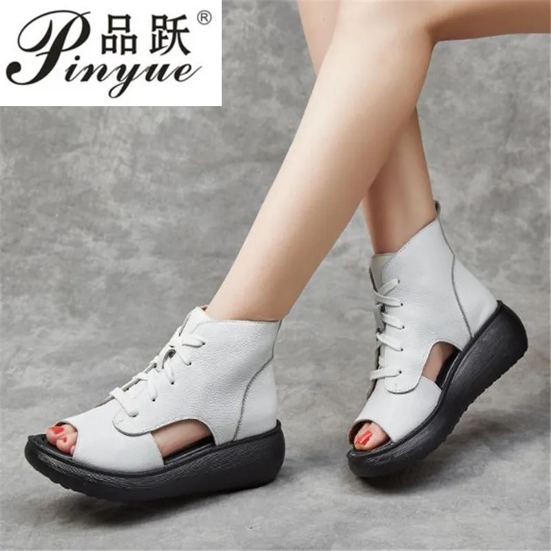 

6cm Genuine Leather soft sole comfortable soft sandals Gladiator wedge sandals female summer Mom sandals
