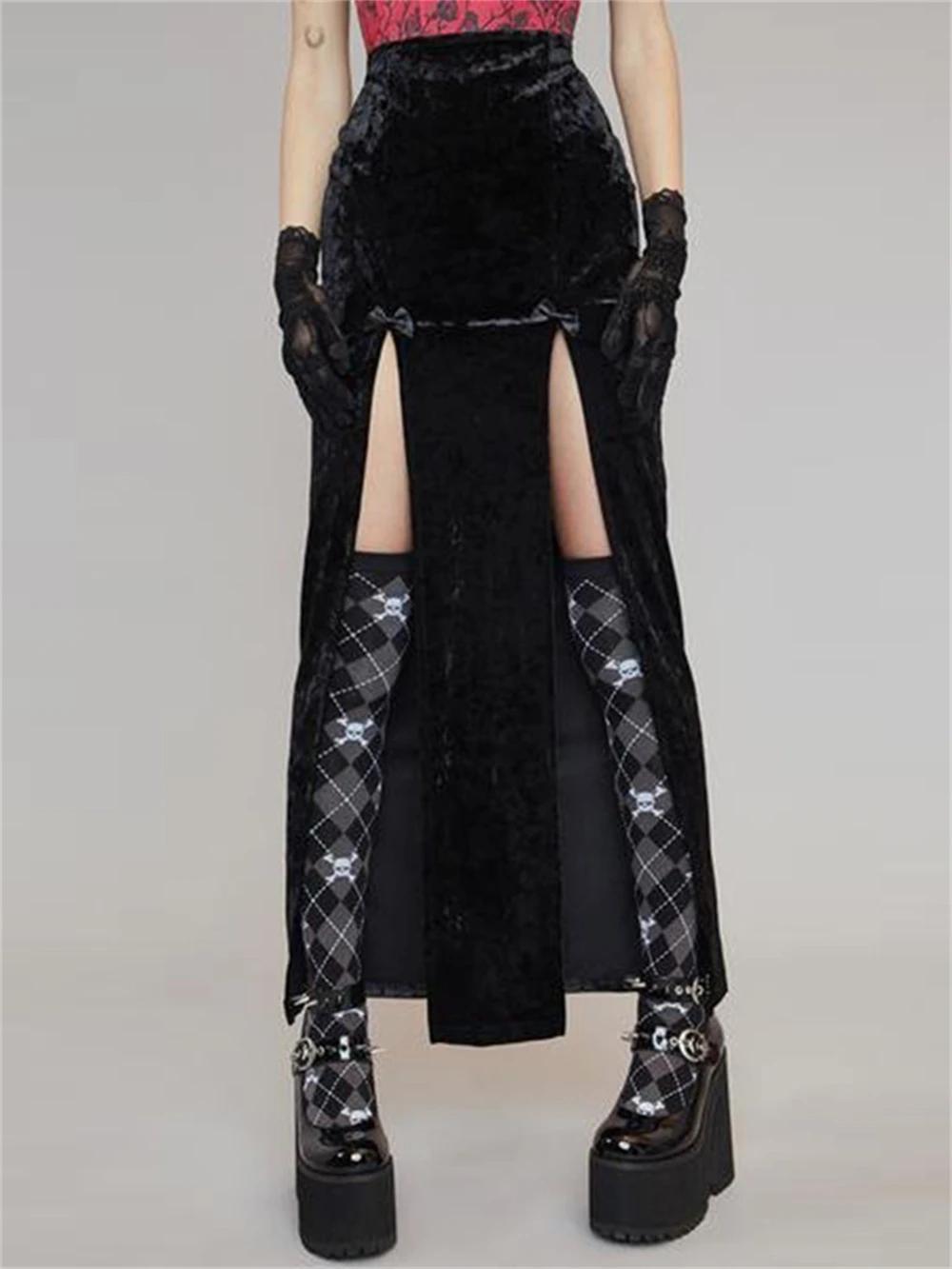 

Women Gothic Style High Split Skirt Fairy Grunge Fashion Sexy Slit Midi Skirts Female E Girl Goth High Waist Slim Streetwear