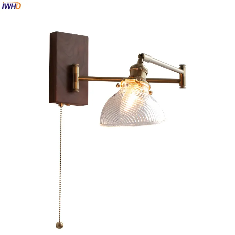 IWHD Clear Glass Copper LED Wall Lights Fixtures Pull Chain Switch Plug In Walnut Wood Canopy Bedroom Living Room Beside Lamp