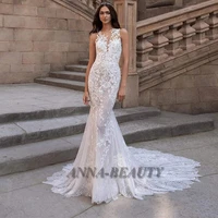 anna elegant trumpet dresses lace appliques o neck sleeveless illusion back court train wedding gown for bride personalised