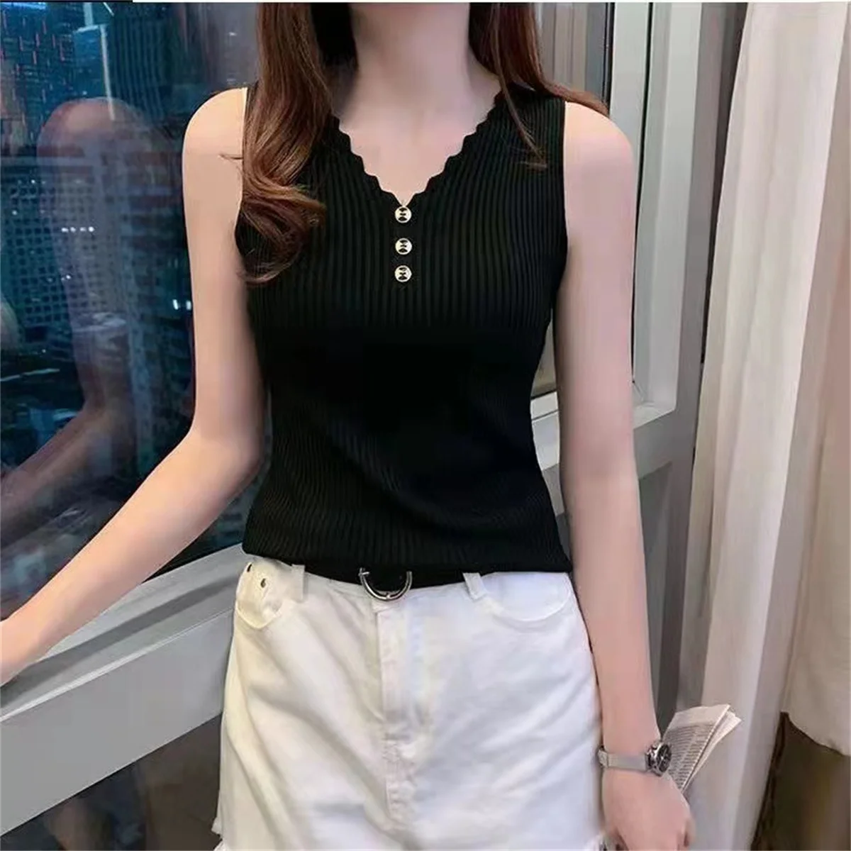 Вязаный топ без рукавов из ледяного шелка с v-образным вырезом тонкий жилет