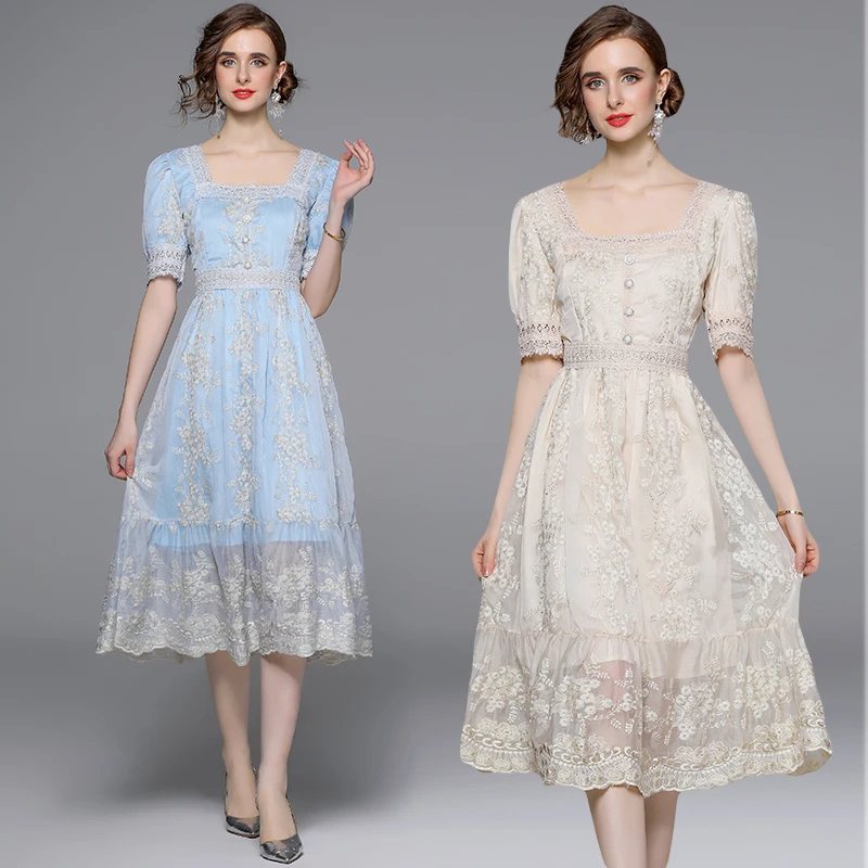 

Summer New Women's High-end Temperament French Square Neck Bubble Short Sleeve Embroidery Cut-out Panel Button Holiday Dress