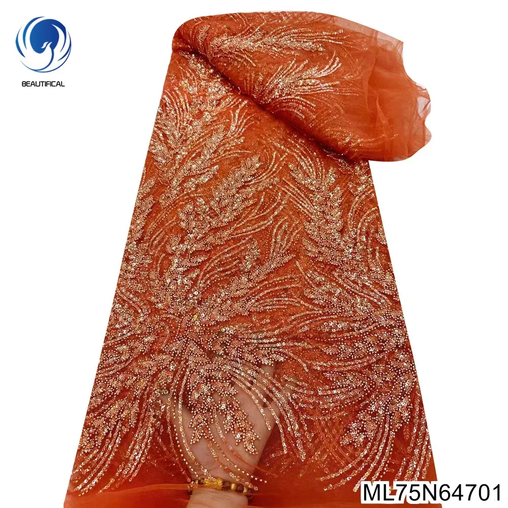 

Temperament of a girl style African Sequins Fabric and French Heavy Beaded Lace Fabric For Wedding Dress ML75N647