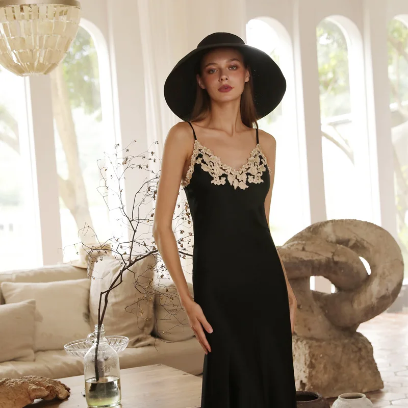 

Silk Suspender Nightdress Women's 19 Mm Heavy Mulberry Silk Spring And Summer New Lace Sexy Long Dress Home Clothes Pajamas