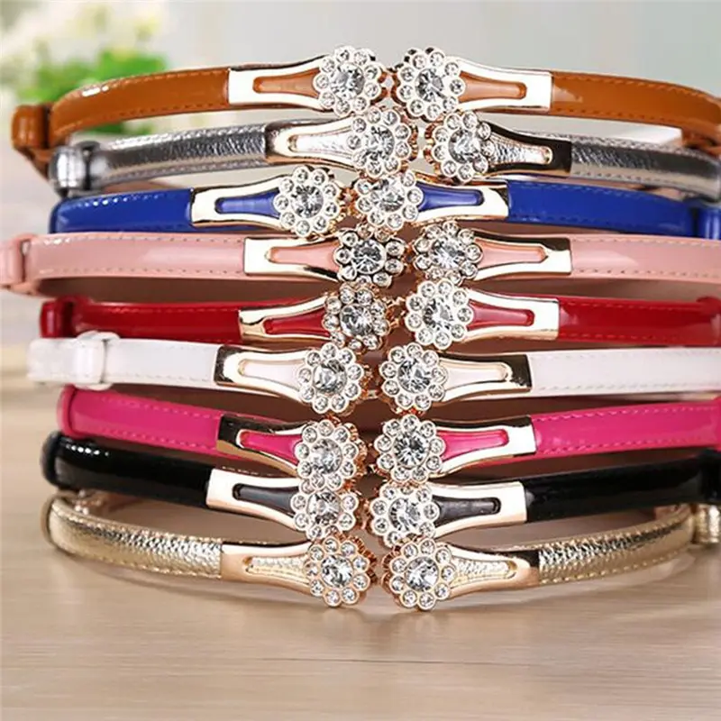 

Women Summer Crystal Flowers On The Buckle Thin Belts For Dresses Modeling Belt Female Strap Cinture