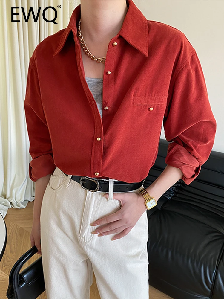 

EWQ French Style Corduroy Shirts For Women Solid Lapel Single Breasted Long Sleeve Elegant Blouses 2023 Autumn New Tops 26D5572