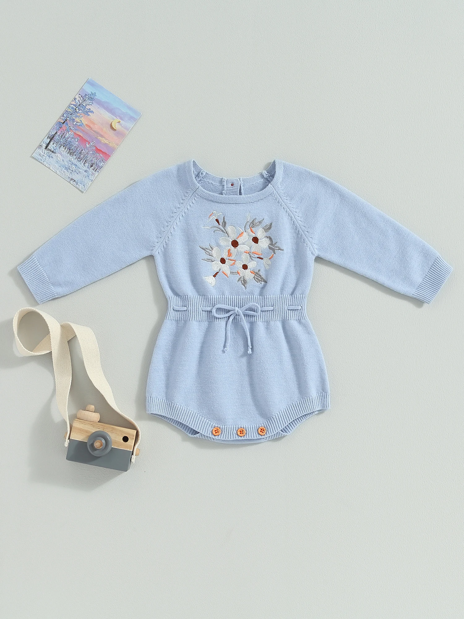 

Baby Girl Knit Jumpsuit with Floral Embroidery Round Neck Long Sleeves and Drawstring Waist