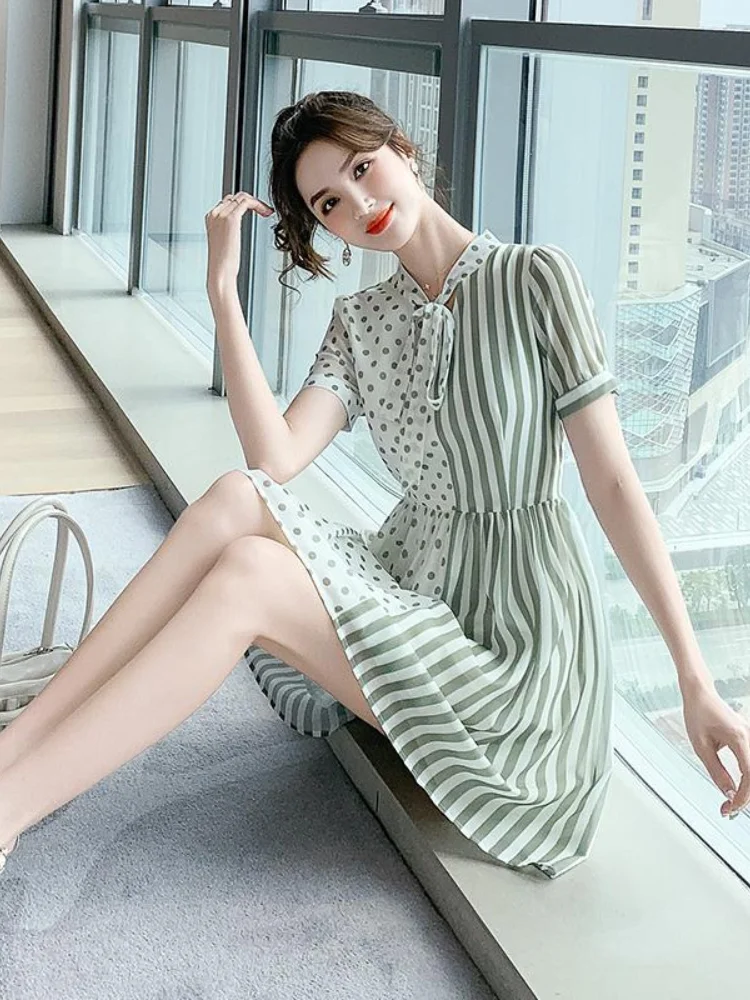 

Chiffon Summer Maxi Shirt polo Beach Green Polka Dot Striped Dress Temperament A-LINE Lace Office Lady Thin Fresh Temperament