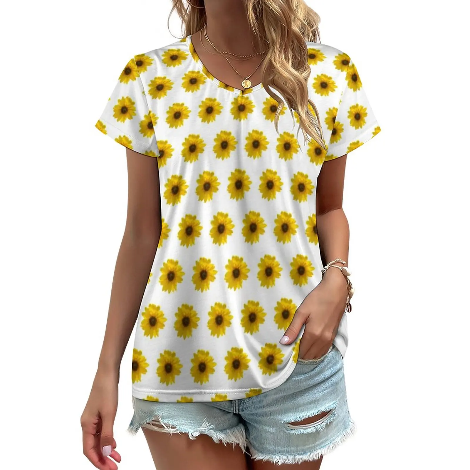 

Sunlit Sunflower Print T-Shirt Sunflowers Minimalist Pretty T Shirts V Neck Short Sleeve Tshirt Street Style Clothes Large Size