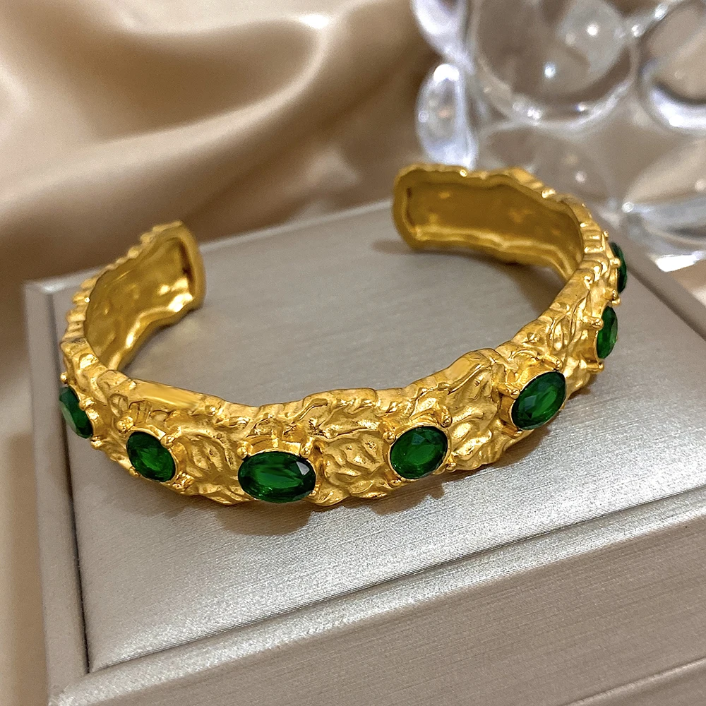Винтажный браслет-манжета из нержавеющей стали с зеленым цирконием массивные