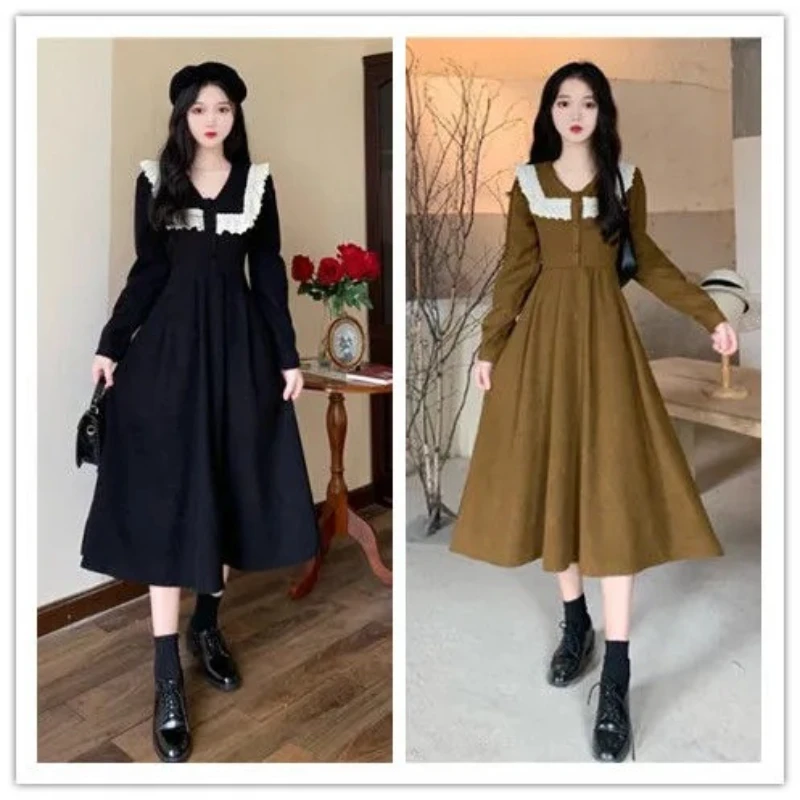 

2022 Spring and Autumn Fashion New Large Size Doll Collar Corduroy Women's Solid Color Retro Long Dress Vestidos De Mujer