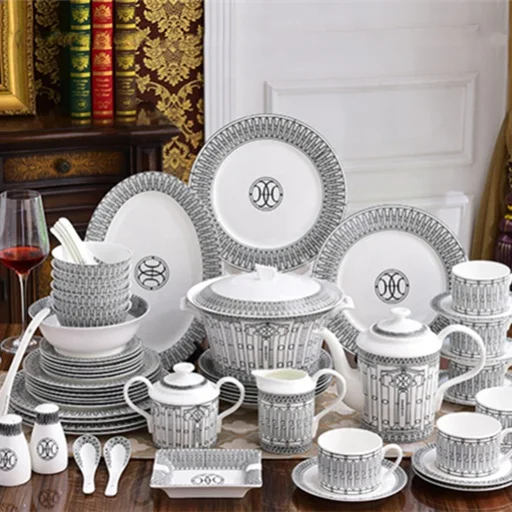 

Best Selling 58 Pcs Nordic Porcelain Dinner Plates Royal Black Striped Dining Room Bone China Dinnerware Sets