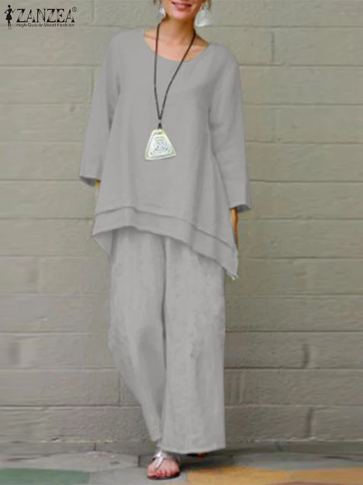 

ZANZEA Autumn Women Matching Sets O-Neck Long Sleeve Blouse Wide Leg Pant 2PCS Female Elegant Loose Suit Fashion Vintage Outifit