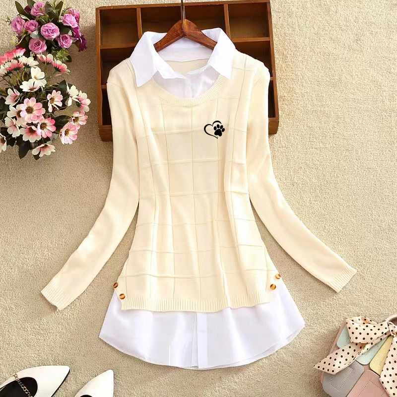 

New Autumn/Winter Korean Edition Women's Golf Fake Two Piece Knitwear V-Neck Pullover Women's Golf Sweater Golf Clothing