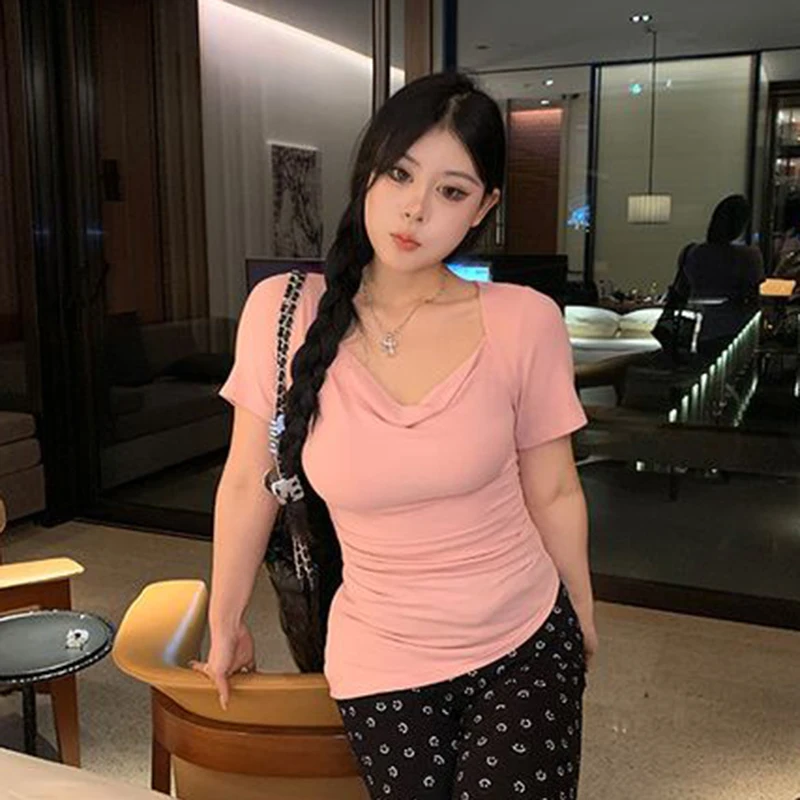 Женская футболка с коротким рукавом голубая однотонная Приталенная со складками