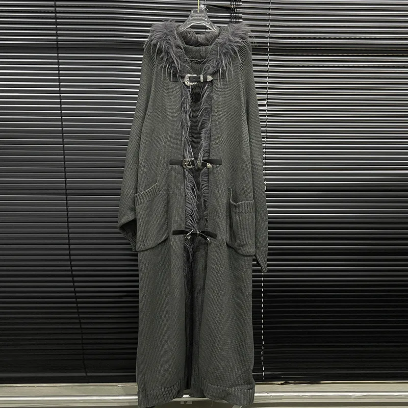 WTHT модный новый женский вязаный длинный плащ с плюшевыми краями 2024 осенняя