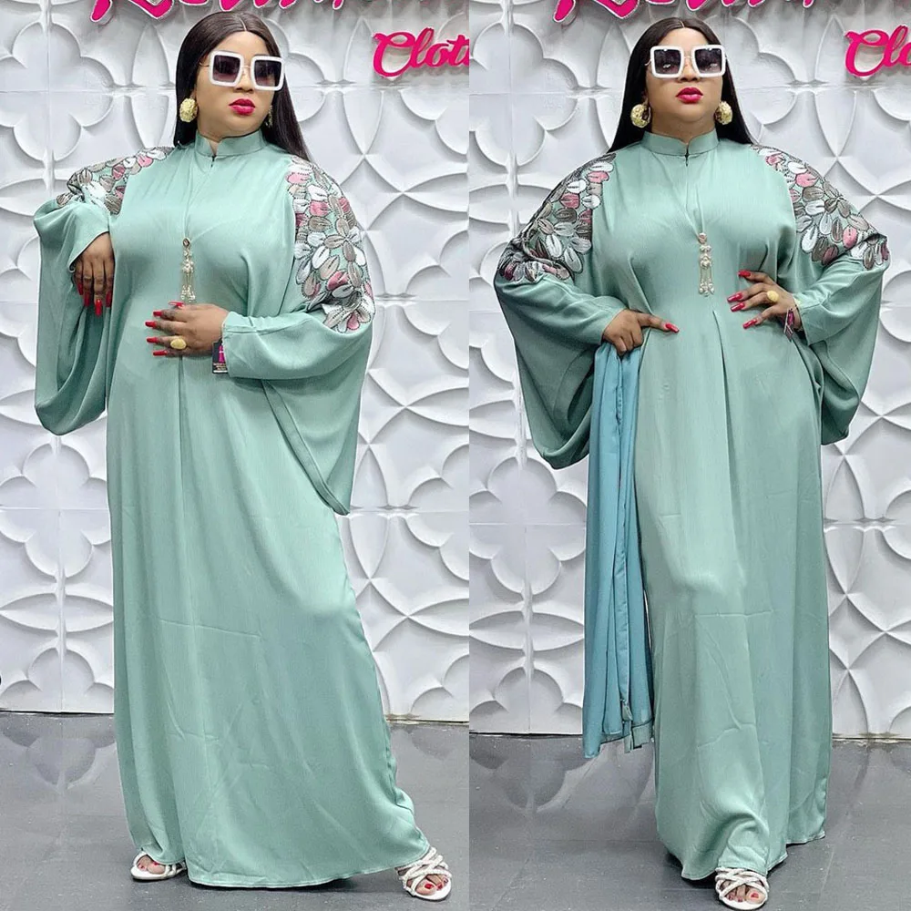 

African Party Dresses for Women Elegant Embroidery Africa Clothing Muslim Abayas Dashiki Robe Kaftan Long Maxi Dress With Scarf