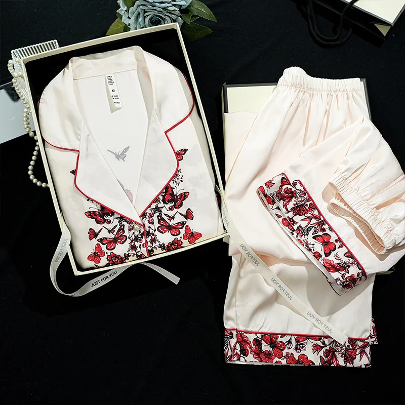 2024 всесезонная пижама из трех предметов ледяного шелка женский комплект с