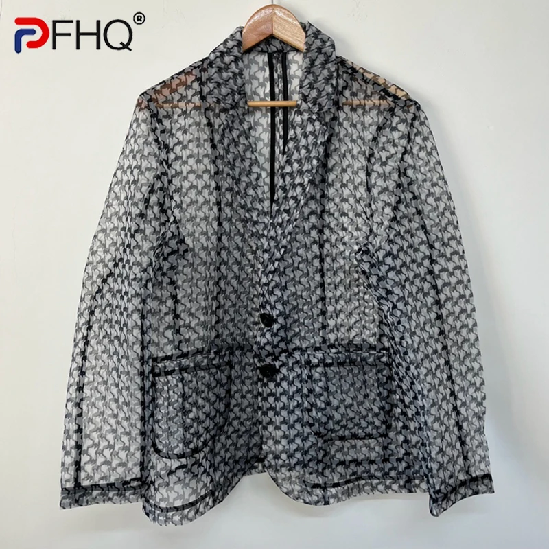 

PFHQ Long Sleeve Loose Organza Print Perspective Causal Blazers For Men Single Breasted Men's Coat 2023 Summer New Tide 21F3539