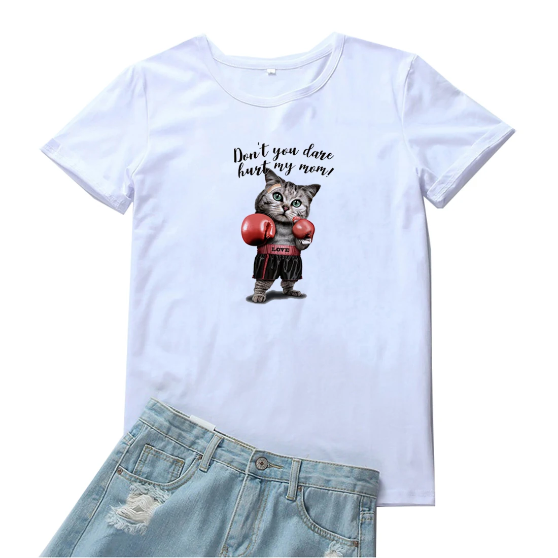 Don't You Dare Hurt My Mom T-shirt for Women Cute Gloves Cat Print Pattern Women Tshirt Casual Harajuku Graphic Tee Shirt Femme