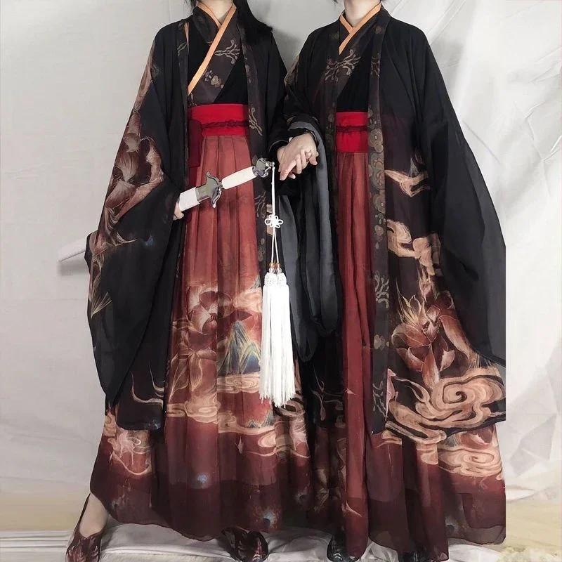 Китайские пары Hanfu с традиционным принтом ханьфу красные черные Наборы для