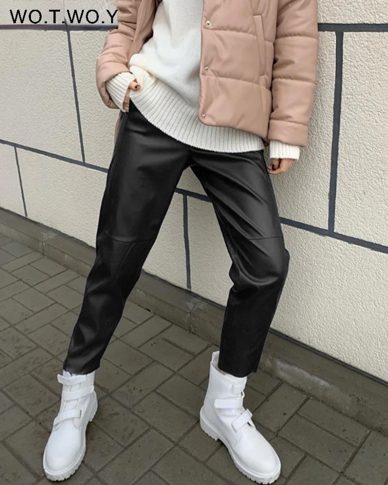 

Женские кожаные брюки Wo. T. W o.y, свободные повседневные Прямые брюки полной длины с высокой талией, на завязках, черные, на осень-зиму