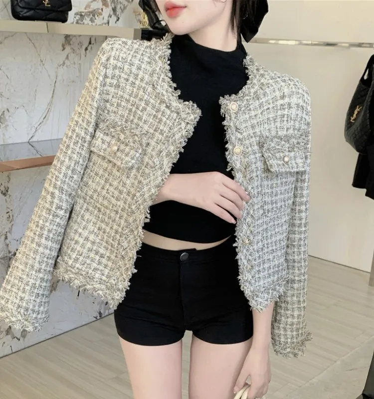 

Корейская мода, женская маленькая парная твидовая верхняя одежда, осень-зима, однобортная Женская куртка с кисточками, пальто