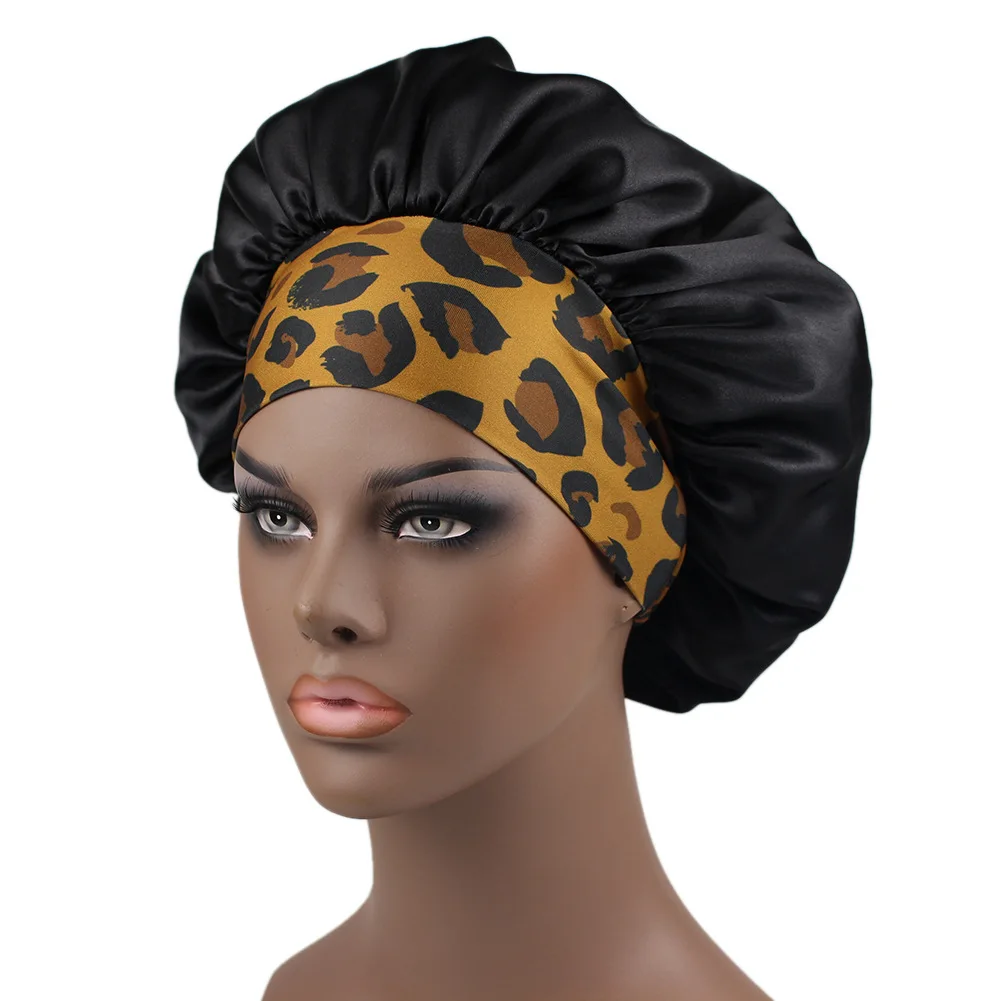 

Leopard Women Night Sleep Hair Caps Silky Bonnet Satin Adjust Head Cover Hat for Curly Springy Hair Styling Accessories Beanies