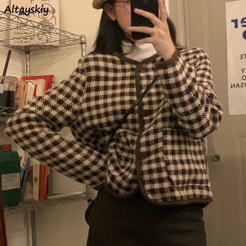 

Houndstooth Blends Women O-neck Fashion Casual Plaid Coats Females Retro Autumn Chic Korean Style Streetwear Pockets All-match
