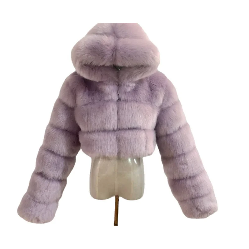 High Quality Furry Cropped Faux Fur Coats and Jackets Women Fluffy Top Coat with Hooded Winter fur jacket manteau femme