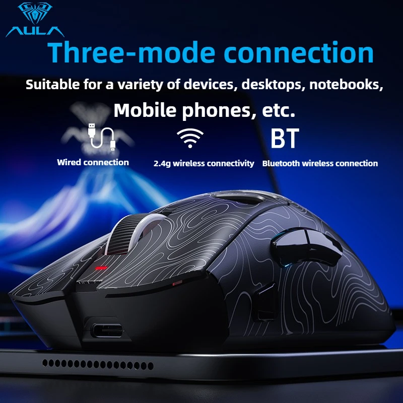 Фото Беспроводная мышь AULA Bluetooth 24G, проводная 3-режимная мышь RGB, полая легкая игровая мышь для киберспорта для настольных компьютеров, ноутбуков №3