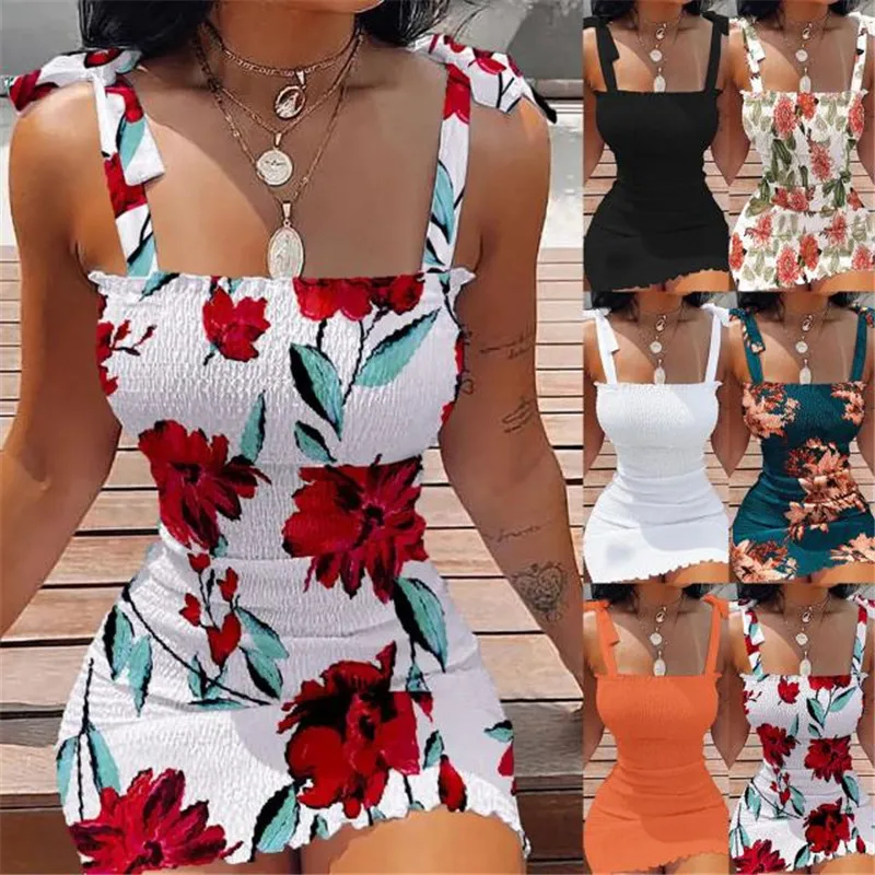 

Sexy Slim Dress Sling Floral Print Summer Fashion New Women's One-word Collar Tube Top Waist Tight Dress 4A007