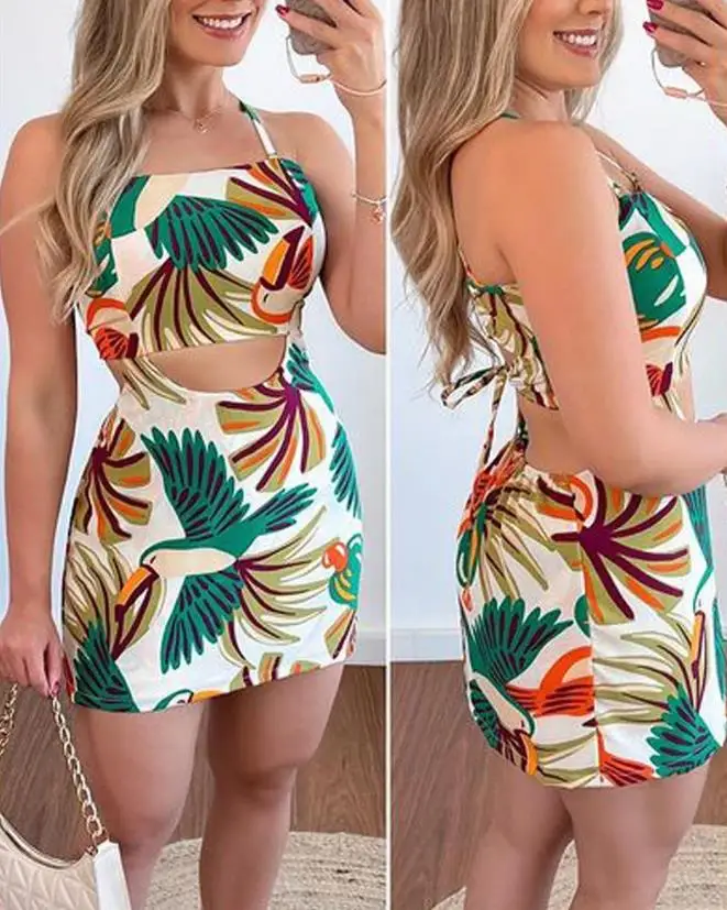 

Sexy Dresses for Women 2023 Summer Casual Vacation Tropical Print Cutout Crisscross Backless Sleeveless Lady Straight Mini Dress
