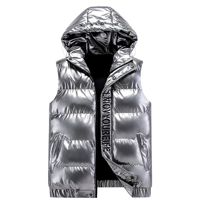 

Autumn Winter Vest Men Fashion Hooded Collar Bright Waistcoat Thick Warm Sleeveless Jacket For Men Bodywarmer Vest Black Silver