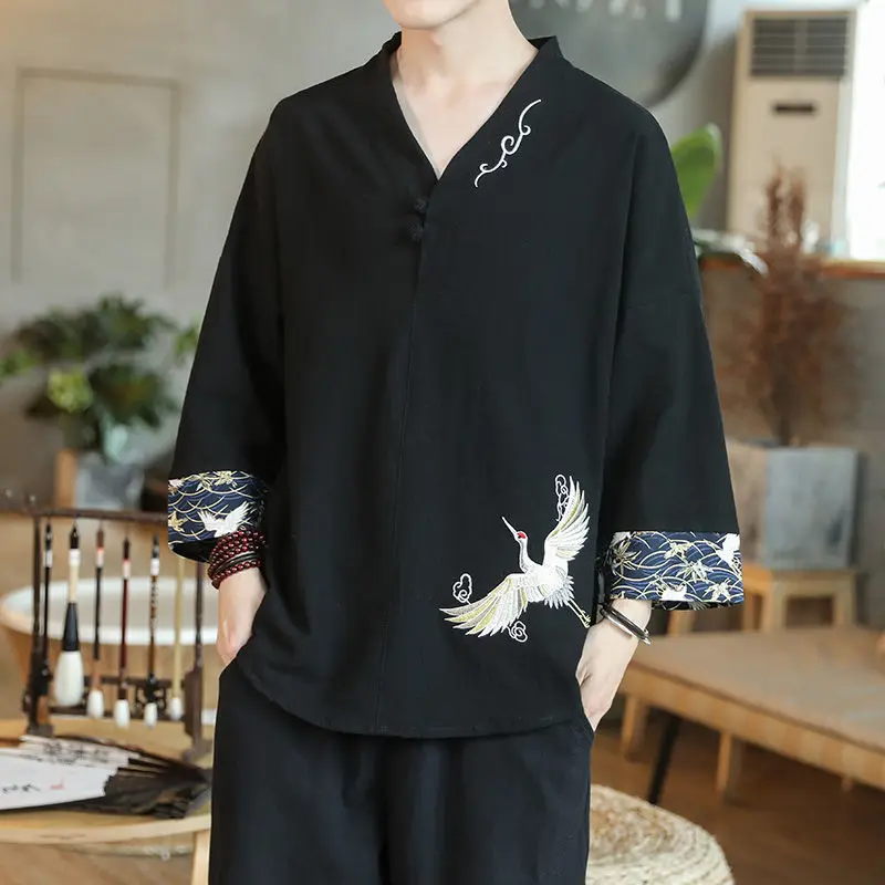 

Chinese Style Men's Linen t-shirt men's Retro embroidery V-neck cotton linen top trend loose seven sleeve antique men&#3