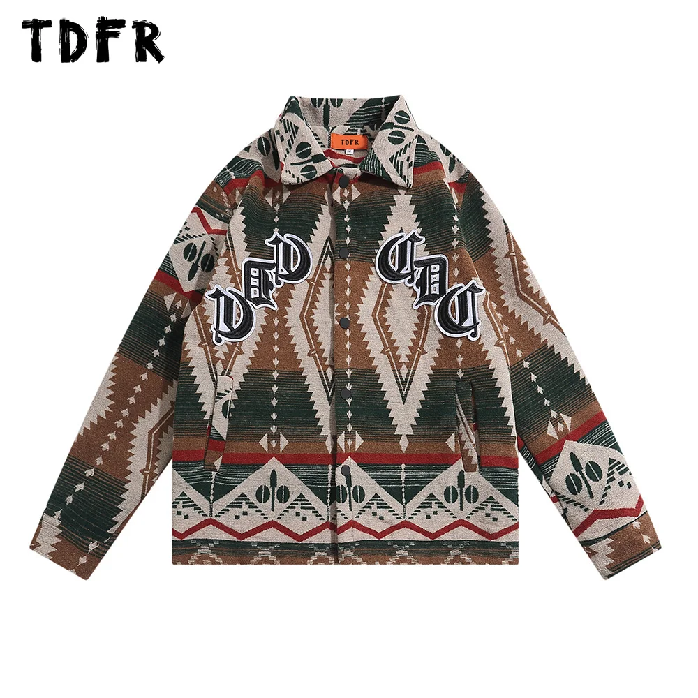 

Куртка мужская с геометрическим принтом, Повседневная Свободная однобортная верхняя одежда с длинными рукавами, отложным воротником и над...