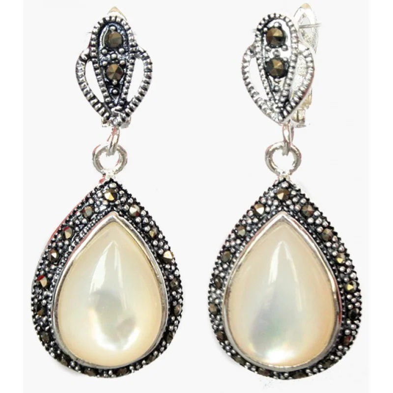 

NEW unique lady's tibetan Silver Natural White Sea Shell Marcasite Waterdrop Earrings 11/2";