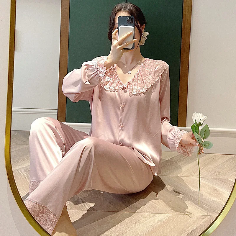 

2PCS Pink Women Pajamas Sets Sweet Pater Pan Collar Rayon Sleep Suit Bud Sleeve Shirt&Pyjamas Pant Sexy Lace Cardigan Home Wear