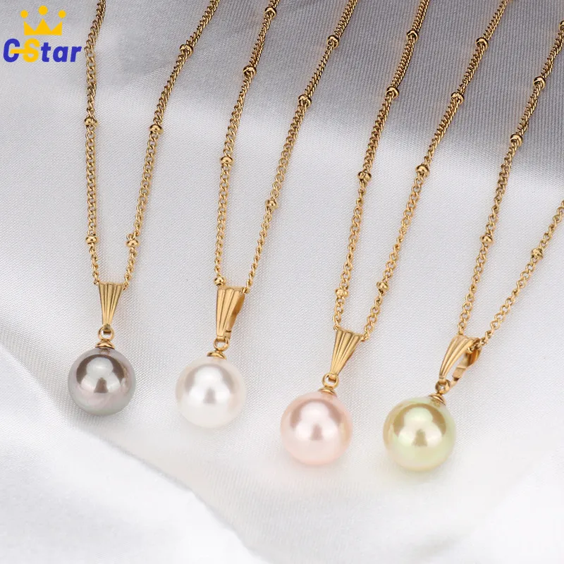 

Korean Fashion Imitation Pearls Pendant Necklace for Women 18K Gold Plated Stainless Steel Clavicle Chain Necklaces Jewelry
