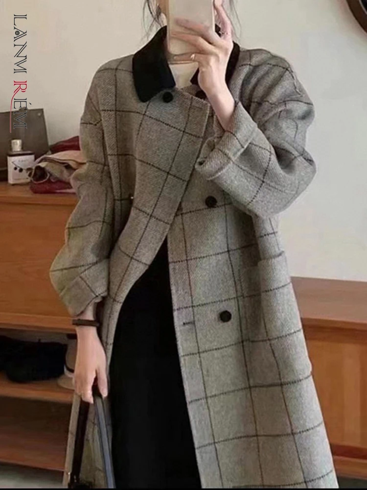 

LANMREM Plaid Woolen Long Coat Women Vintage Contrast Color Lapel Double Breasted Coats Clothing 2023 Autumn Winter New 2AA1618