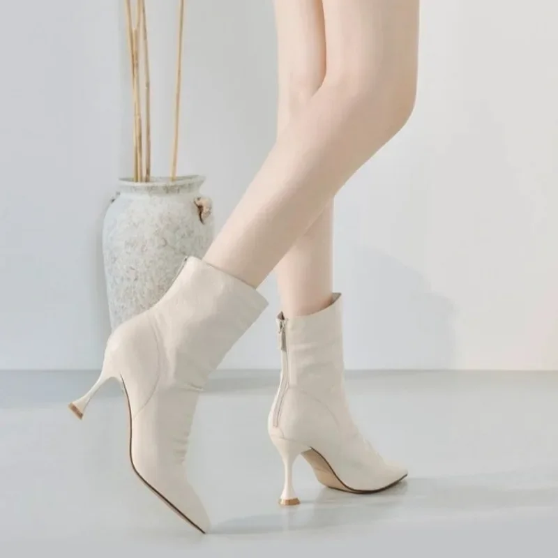 

Женские Плиссированные ботинки, модные однотонные офисные и деловые привлекательные ботинки до середины икры с острым носком, 2023