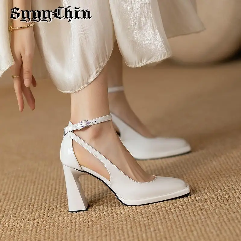 

Spring Women Mary Jane Pumps Chunky High Heel Shallow Ankle Straps Lady Sandals Female Fashion Desigh Cozy Dress Rrond Toe Shoes