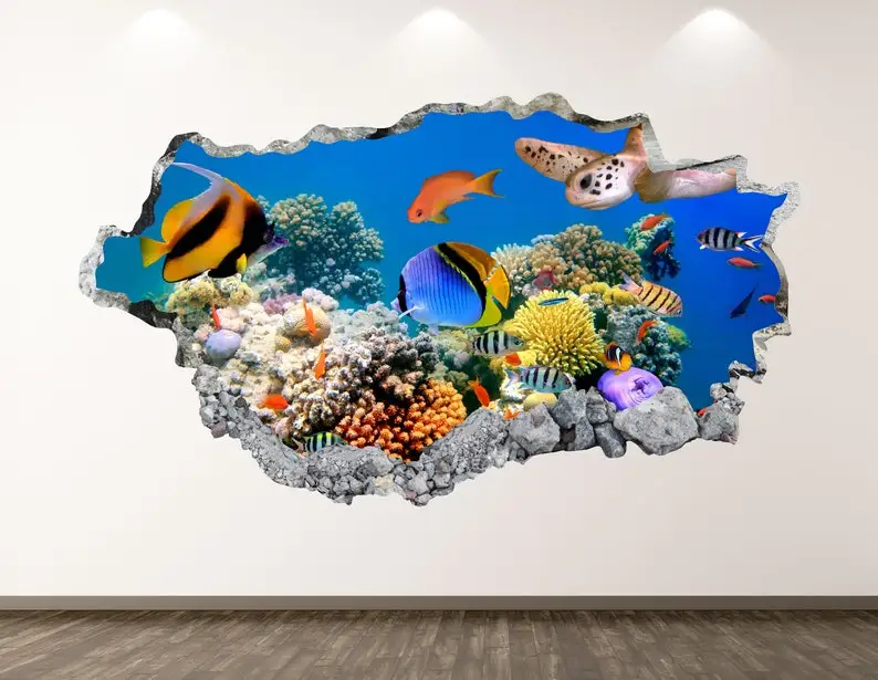 

Ocean Wall Decal - Animal Aquarium 3D Smashed Wall Art Sticker Kids Decor Vinyl Home Poster Custom Gift KD08