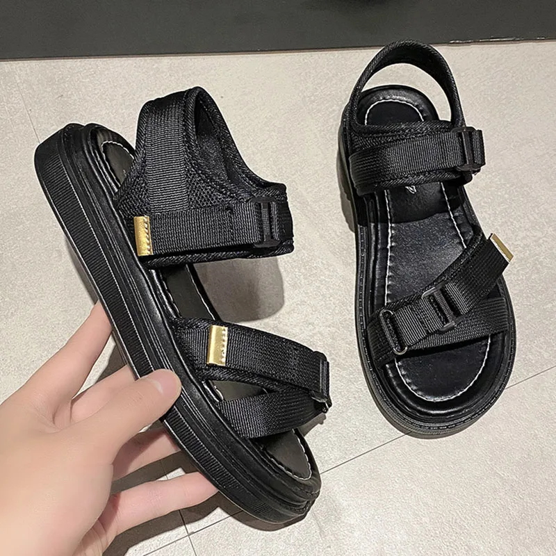 

Canvas Women Sandals 2022 Hook Loop Platform Ankle Strap Summer Ladies Shoes Comfortable Open Toe Med Heels Sandals Woman New
