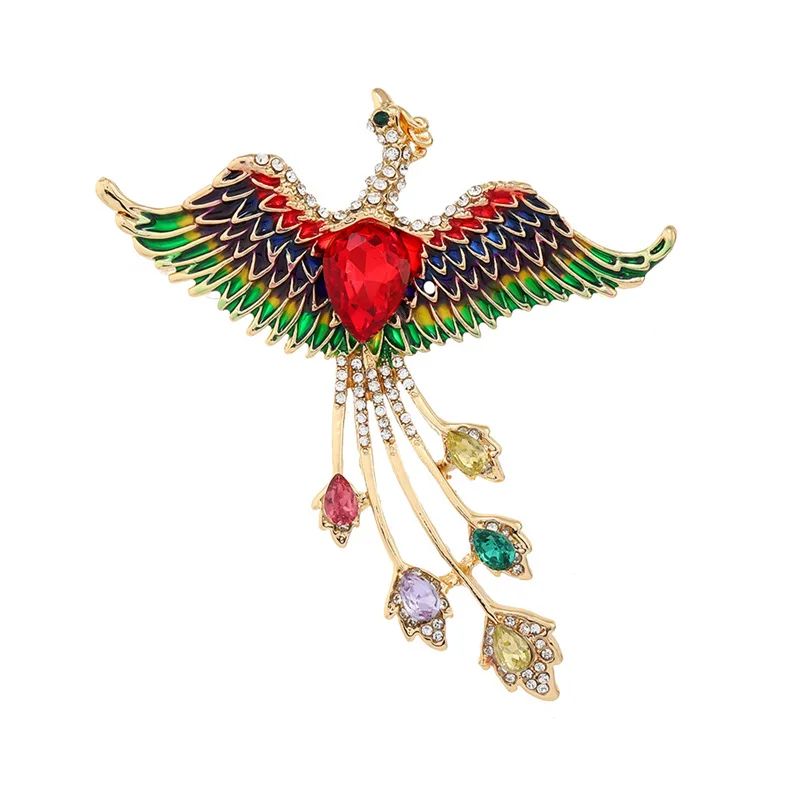 

Exquisite Rhinestone Enamel Phoenix Brooches Personality Women Colorful Crystal Animal Fly Birds Pin Classical Party Jewelry New