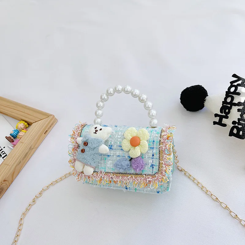 Cute Bear Children' Small Square Shoulder Bags Luxury Design Baby Girls Crossbody Bag Fashion Princess Pearl Handbags Coin Purse