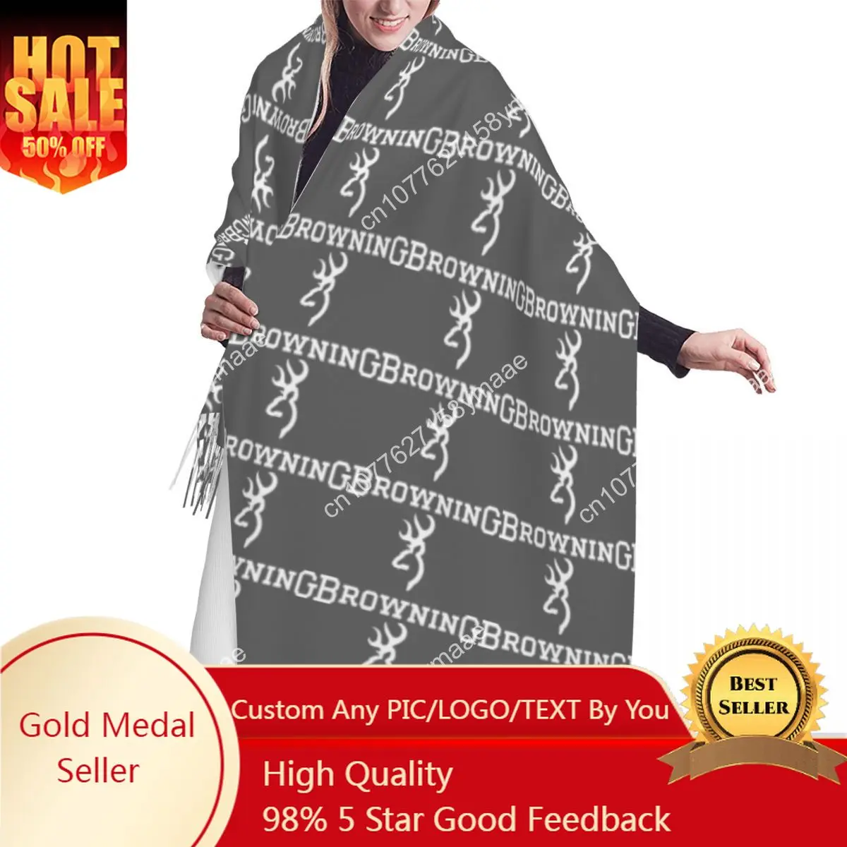 

Custom Lady White Brownings Firearm Gun Versatile Female Scarves Women Winter Fall Soft Warm Tassel Shawl Wrap Pistols Scarf